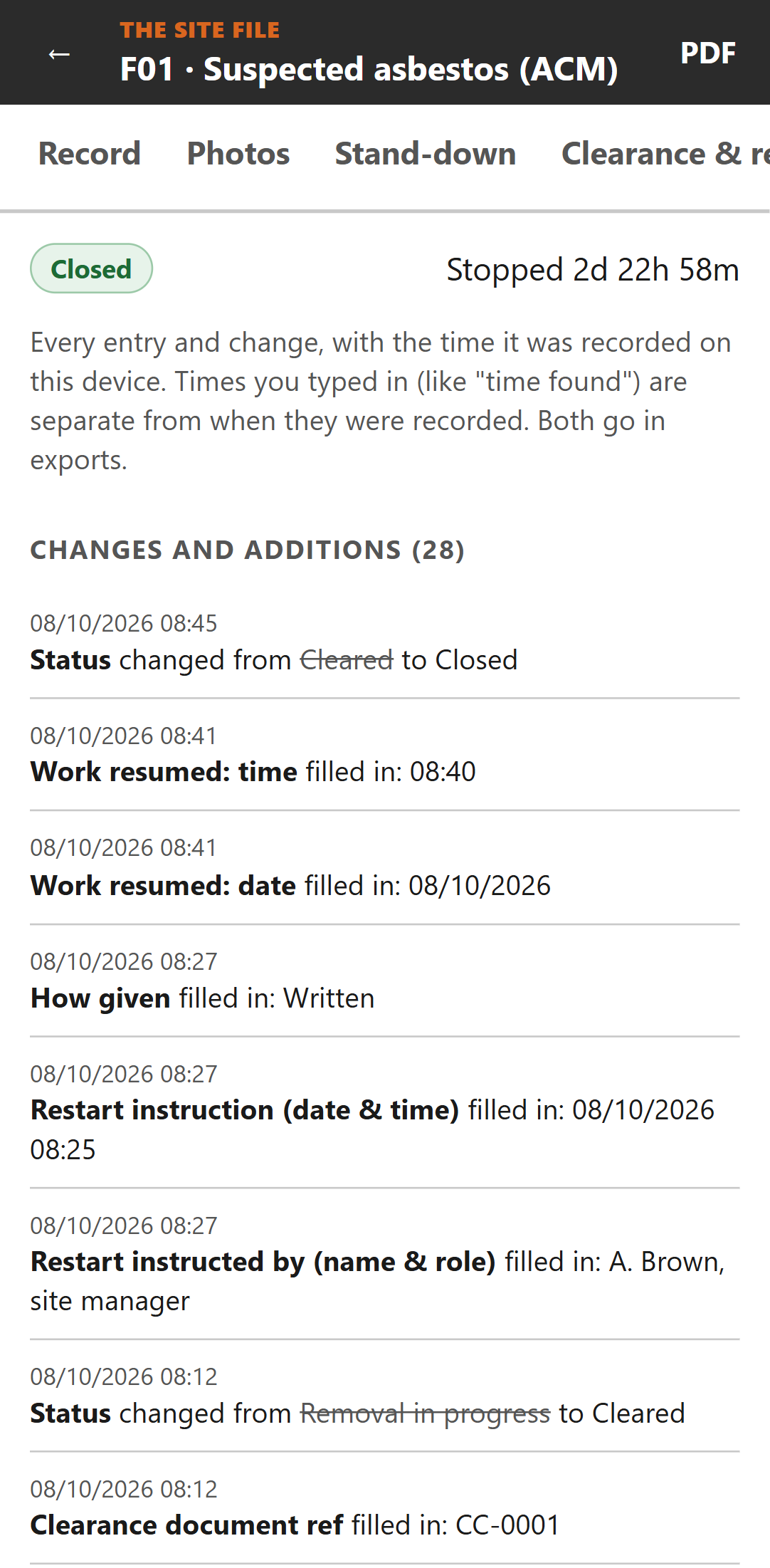 Change history with old and new values and times